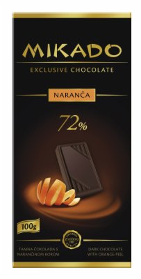 ČOKOLADA CRNA 72% POMORANDŽA MIKADO 100G